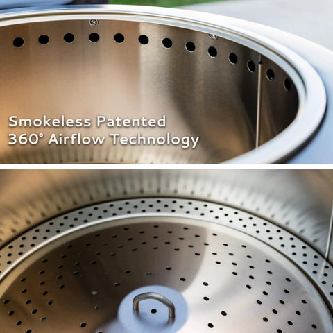 Close-up of the smokeless 25-inch wood burning outdoor fire pit showing airflow technology and removable ash pan.
