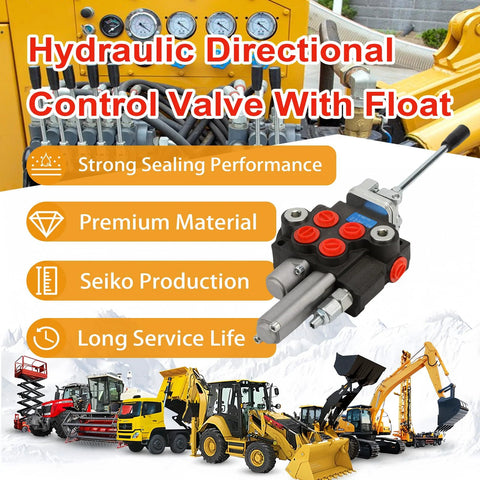 JAHEZYAN hydraulic control valve with float, 2-spool, metal body with red port caps, front view