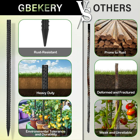Comparison of 16 Inch Heavy Duty Rebar Stakes Set Of 16 Ground Anchors with chisel point versus other stakes, showing durability and rust resistance for timber concrete plant support camping tents three eighth inch thick metal stakes black for diyers and pros.