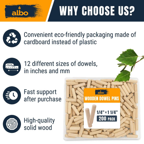 Image of 1/4 x 1-1/4 Inch Fluted Wood Dowel Pins, Birch Hardwood Dowels, 200 Pack in eco-friendly packaging with informational text about features.