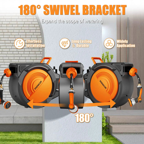 Orange Heavy Duty Five Eighth Inch By 75 Foot Retractable Garden Hose Reel Wall Mount With 180 Degree Swivel Bracket