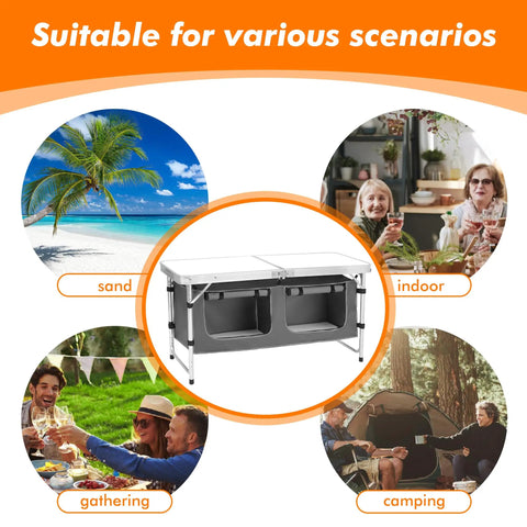 Go-To Aluminum Folding Camping Table With Adjustable Legs For Travel And Outdoors, Easy Setup, surrounded by various scenarios