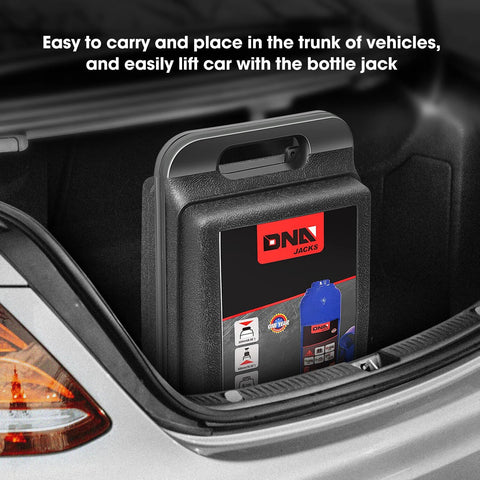 DNA Motoring 6-ton hydraulic bottle jack in blue stored in a black carrying case in the car trunk