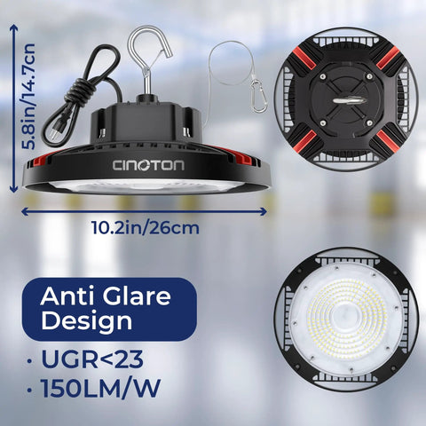 Diagram of Beast Bright 160W LED High Bay Light with dimensions, anti-glare design, 5000K daylight, aluminum fixture.