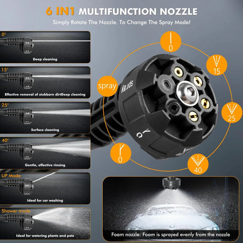 Close-up of 6-in-1 multifunction nozzle for Cordless Pressure Washer Gun 1700 PSI 120 Bar Portable Power Washer, showing spray modes.