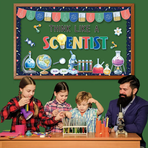 Lab Themed Bulletin Board Decor Set For Classrooms With 35 Lab Cutouts 16 Colorful Borders And Banners Plus Adhesive Sheets displayed in use