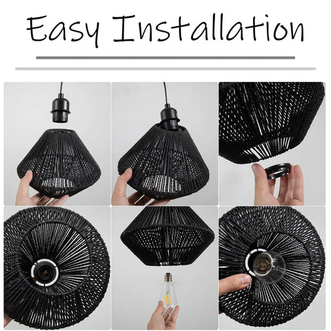 Easy installation steps for 2 Pack Woven Plug In Pendant Lights Black Rustic Farmhouse Style with cord and switch, 9.65 inch diameter.