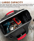 Open Heavy Duty 16 Inch Wide Mouth Tool Bag With 25 Pockets Waterproof 600D Polyester Organizer showing tools inside