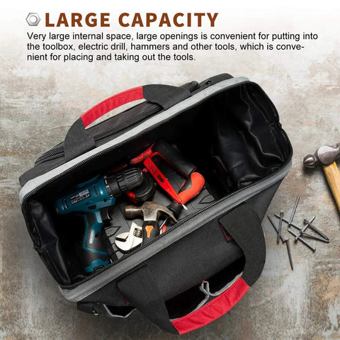 Open Heavy Duty 16 Inch Wide Mouth Tool Bag With 25 Pockets Waterproof 600D Polyester Organizer showing tools inside