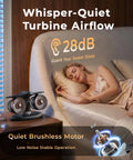 Jet Engine Desk Fan With Eighteen Hour Runtime USB C Rechargeable Turbo Table Fan near sleeping woman on bed