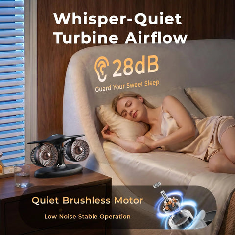 Jet Engine Desk Fan With Eighteen Hour Runtime USB C Rechargeable Turbo Table Fan near sleeping woman on bed