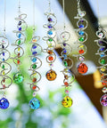 Seven Piece Crystal Gazing Ball Spiral Wind Spinner Suncatchers For Garden Decor, Durable Metal Frame With K9 Crystal Prisms, hanging colorful spiral crystal wind spinners