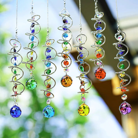 Seven Piece Crystal Gazing Ball Spiral Wind Spinner Suncatchers For Garden Decor, Durable Metal Frame With K9 Crystal Prisms, hanging colorful spiral crystal wind spinners