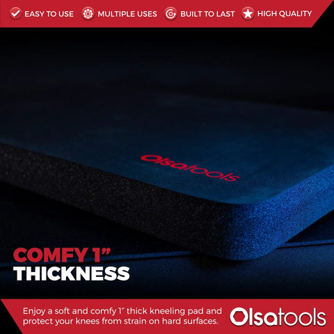 Close-up of black mechanic kneeling pad with thick high-density foam and "Olsa Tools" logo, highlighting 1-inch thickness detail.