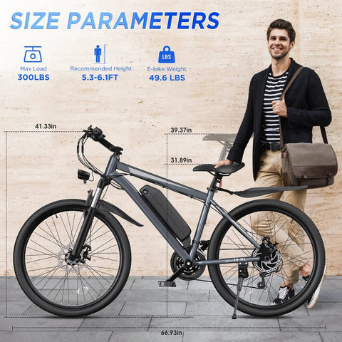 Man standing with Electric Mountain Bike for Adults 26 Inch Wheel With 1000 Watt Peak Motor Up To 20 MPH Top Speed 50 Mile Range