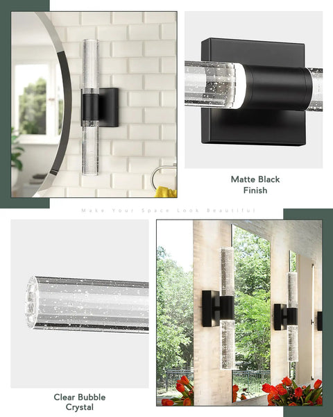 Matte Black LED Vanity Light With Bubble Glass Sconce mounted on wall, sleek modern design, 9W, 4000K, for bathroom or hallway.
