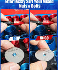 Close-up of 66 Piece Nut And Bolt Thread Checker With Detachable Size Finder In A Foam Storage Case, 34 Metric And 32 Standard Gauges.