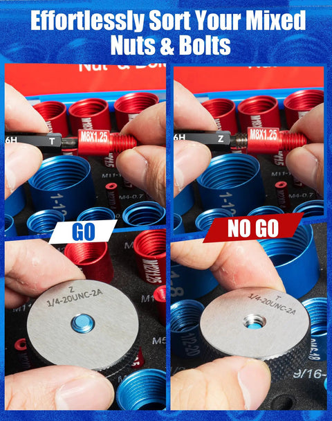 Close-up of 66 Piece Nut And Bolt Thread Checker With Detachable Size Finder In A Foam Storage Case, 34 Metric And 32 Standard Gauges.