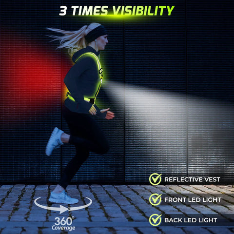Runner wearing Lit Up Running Vest With 360 Visibility, Reflective Chest And Red Back LED Lights in motion at night