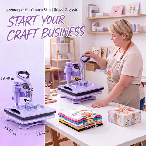 8 in 1 Heat Press Machine With Swing Away 12x15 Inch Shirt Press For Sublimation And Heat Transfer on table with folded tees