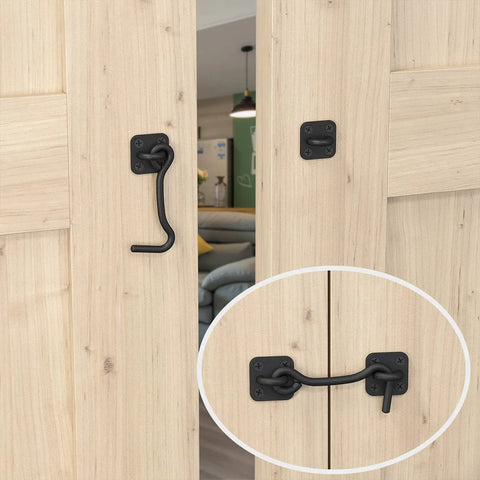 Heavy Duty Wrought Iron Barn Door Latch And Lock With Hand Forged Eye And Hook Black Powder Coat Finish on wooden door