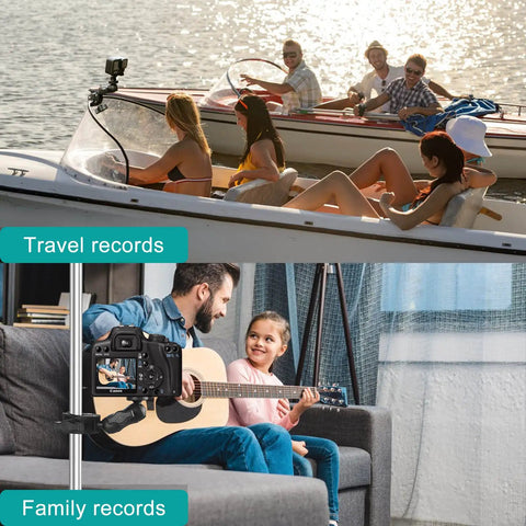 Double Clamp Camera Mount With 360 Degree Arm And 180 Degree Tilt capturing boating and family moments with camera.