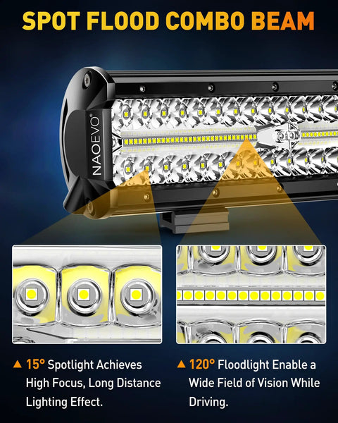 12 Inch LED Light Bar With 4 Inch LED Pod Lights Kit 54000LM Triple Row Spot Flood Off Road Lights for Truck Car UTV ATV Boat