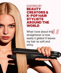 Woman using Volumizing 1 Inch Ceramic Flat Iron With VitaC Infused Plates And Curved Plates For Root Volume And Curl No 1 Korean Hair Straightener For Women Dual Voltage Salon Quality Beginner Friendly Easy To Use