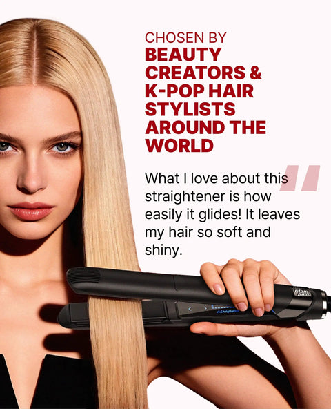 Woman using Volumizing 1 Inch Ceramic Flat Iron With VitaC Infused Plates And Curved Plates For Root Volume And Curl No 1 Korean Hair Straightener For Women Dual Voltage Salon Quality Beginner Friendly Easy To Use
