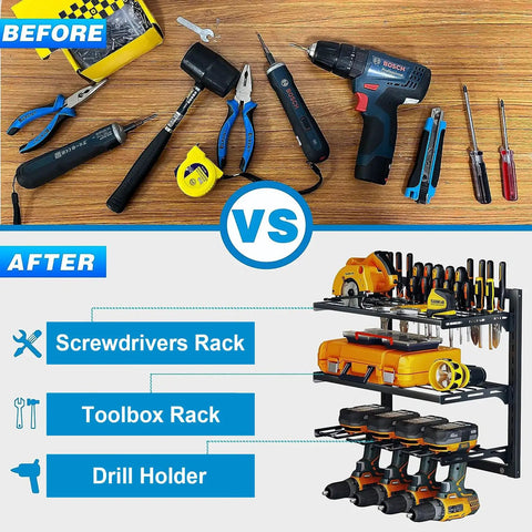 Power Tool Organizer Wall Mount With 3 Tier Storage Shelves And Cordless Drill Holder Heavy Duty Metal Garage Rack for Workshop