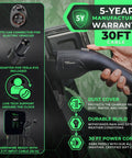 Beefy Hardwired Level 2 Electric Vehicle Charging Station with J1772 connector and 30ft cable, showcasing durability and warranty details.