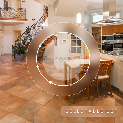 Visualization of 5 CCT selectable in Trimless 3.5 Inch Round LED Recessed Downlight Luminaire in a kitchen setting.