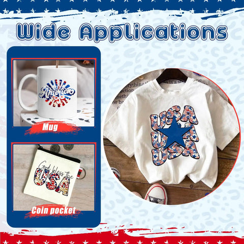 American Flag Sublimation Transfer Paper 12x10 Inch 10 Sheets Leopard Flag Pattern on mug, shirt, and coin pouch.