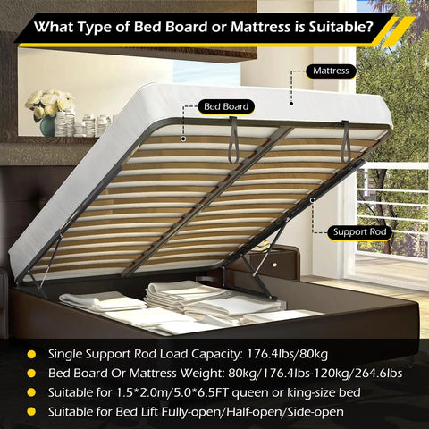 Heavy Duty Hydraulic Bed Lift Mechanism Four Point Six Foot Gas Shocks 176 To 226 Pound Capacity shown with mattress and support rod.