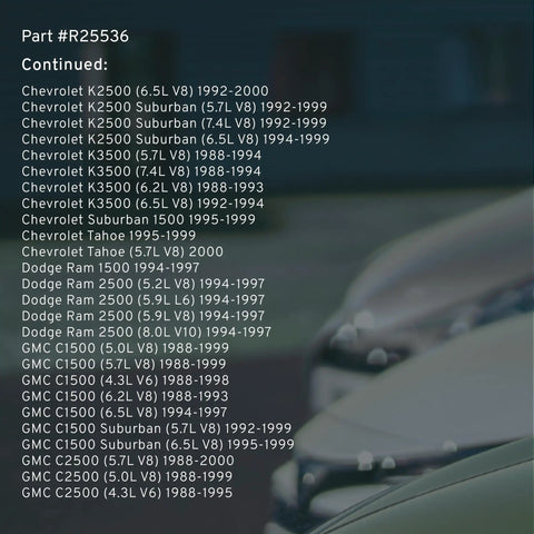 Vehicle compatibility list showing Chevrolet, Dodge, GMC SUVs and trucks for Brake Master Cylinder Reservoir 1988-2000.