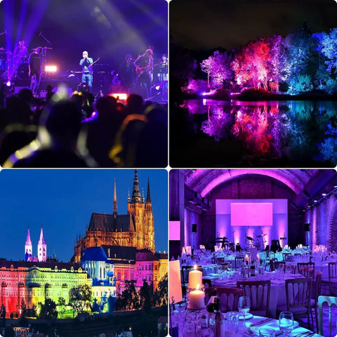Collage illustrating vibrant lighting effects, showcasing 35W RGBW LED Flood Lights 3500LM Outdoor Security Floodlights IP66.