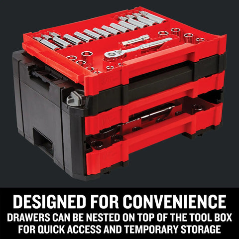 262 Piece Mechanic Tool Set in Versastack 3 Drawer Box with visible sockets and ratchet on top drawer