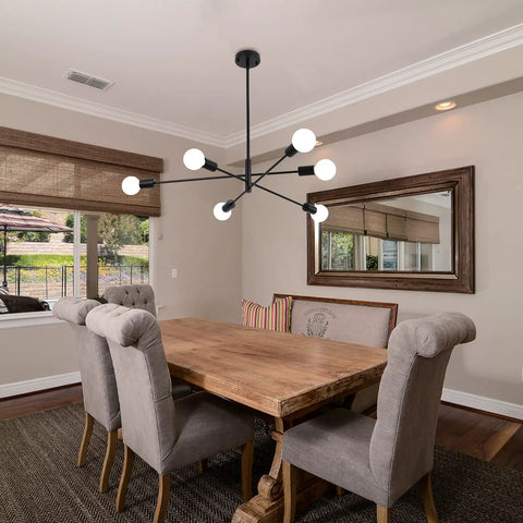 Dining room with Six Light Black Orbital Style Chandelier For Dining Room And Living Spaces, Dope Mid Century Modern Ceiling Fixture