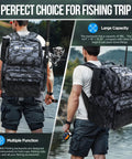Fishing Backpack With Rod Holders And Cooler 45L Water Resistant Tackle Bag Black Camouflage worn by man fishing outdoors