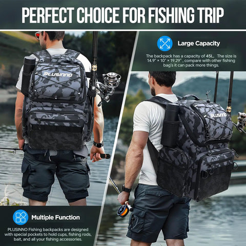 Fishing Backpack With Rod Holders And Cooler 45L Water Resistant Tackle Bag Black Camouflage worn by man fishing outdoors