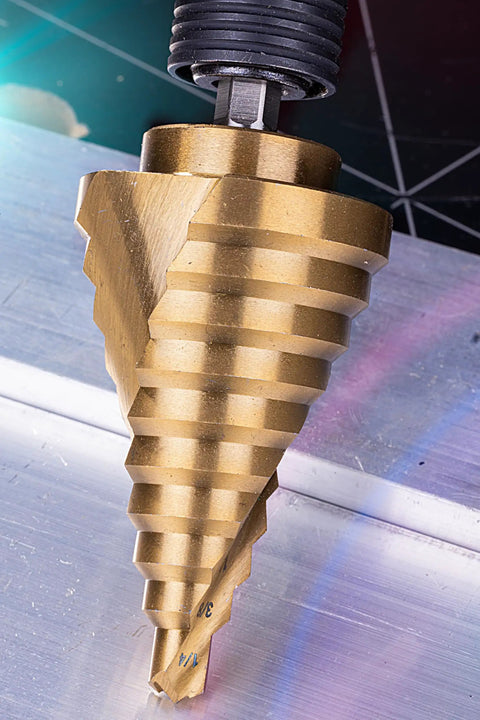 Titanium Nitride Coated HSS Step Drill Bit With One Quarter Inch Hex Shank Ten Imperial Step Sizes From One Quarter Inch To One And Three Eighths Inch Spiral Groove Double Flute 135 Degree Split Point For Sheet Metal Aluminum PVC Copper Acrylic NordWolf