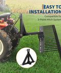 Heavy Duty Tow Behind Landscape Rake And Lawn Dethatcher With 21 Steel Tines And 60 Inch Wide Coverage attached to red tractor