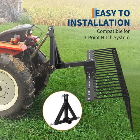 Heavy Duty Tow Behind Landscape Rake And Lawn Dethatcher With 21 Steel Tines And 60 Inch Wide Coverage attached to red tractor