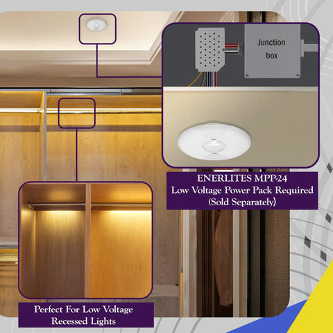 Low Voltage Ceiling Sensor Motion Detector With 360 Degree Field Of View For Office And Home Use MPC50L shown installed in ceiling