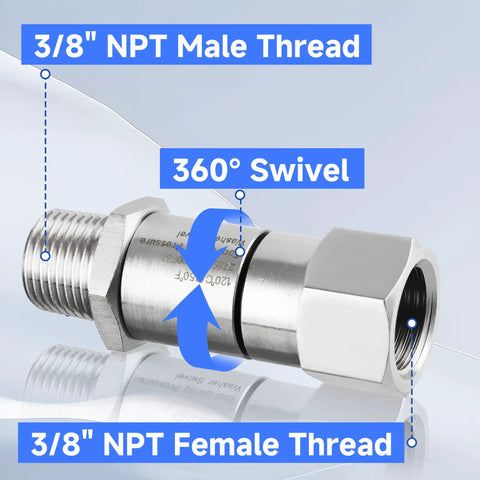 Pressure Washer Swivel Fitting Three Eighth Inch NPT 360 Degree Joint Kink Resistant Reduces Hose Stress For Smooth Water Flow And Easy Maneuvering For Smooth Operation And Long Lasting Durability 3/8 NPT stainless steel