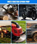 Image of various machinery and vehicles including a saw, motorcycle, tractor, lawnmower, and truck showcasing a multi-function siphon pump.