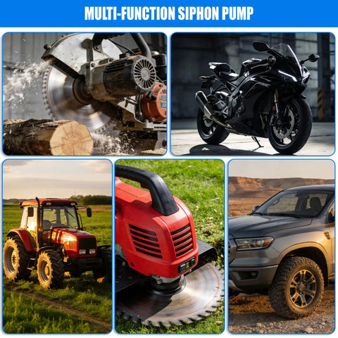 Image of various machinery and vehicles including a saw, motorcycle, tractor, lawnmower, and truck showcasing a multi-function siphon pump.