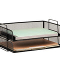 Stackable Paper Tray Desk Organizer Set Of 2 with metal mesh file storage, black, holding letter-size documents, side view.
