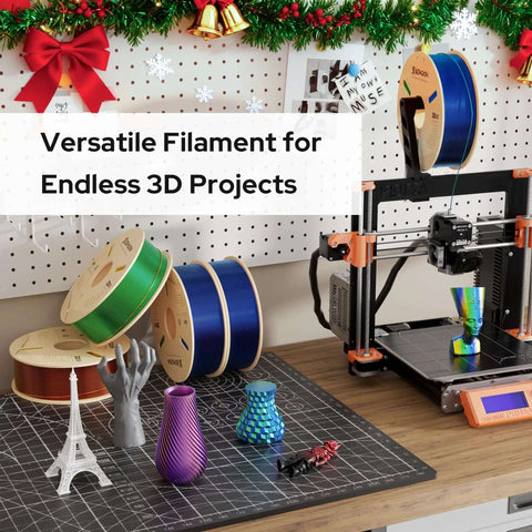 Triple Color Gradient Silk PLA Filament 1.75mm For Ender 3 V2 And More, 1Kg Spool, Red Blue Green, spools on desk with 3D printer.