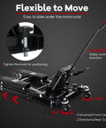Beefed Up 1500 Lbs Hydraulic Motorcycle Lift For Dirt Bikes ATVs And UTVs With Footplates Long Handle Four Wheels And Two Ratchet Belts